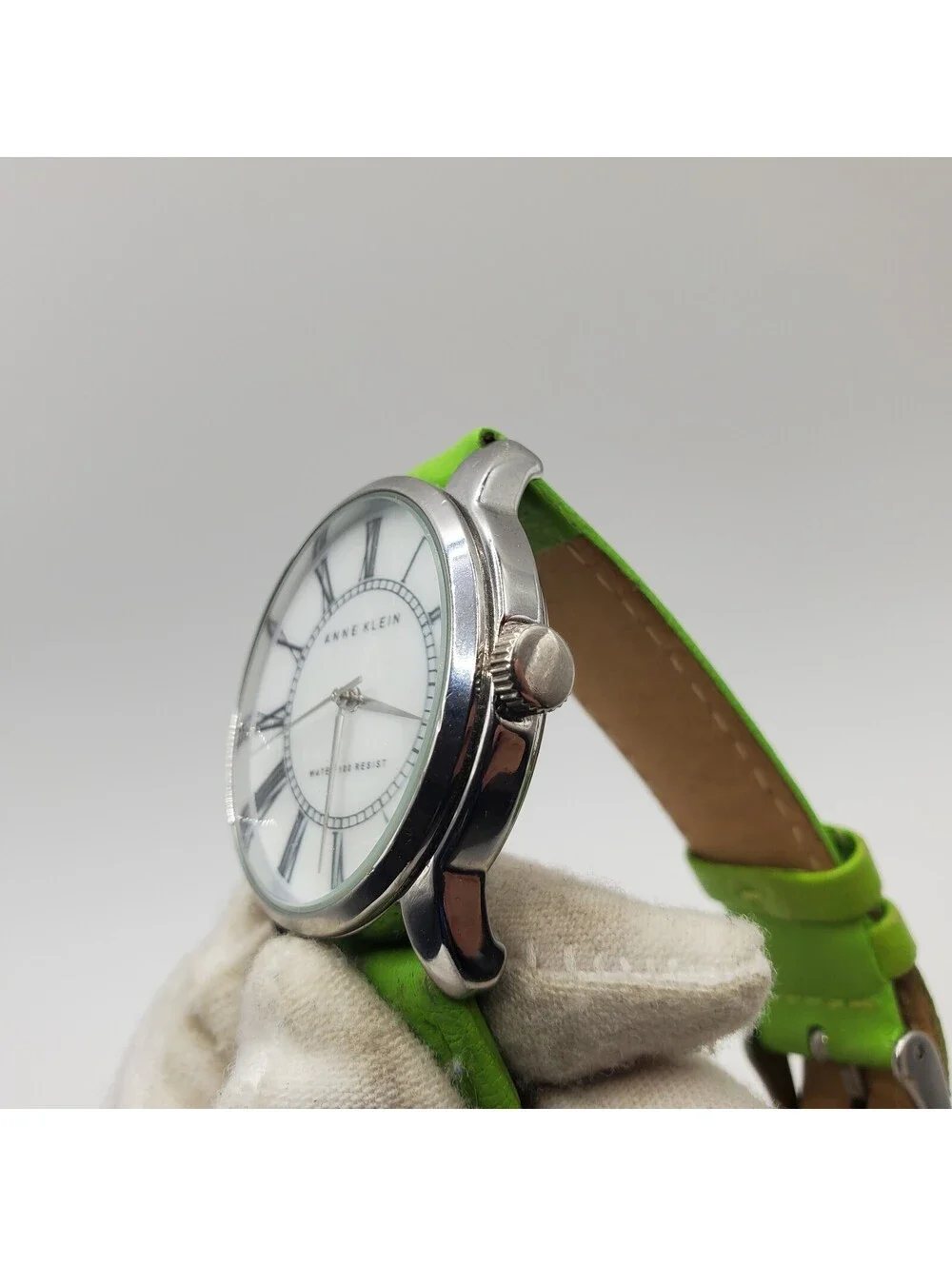 Anne Klein Women's Watch 36mm White Roman Numerals Dial Green Band New Battery